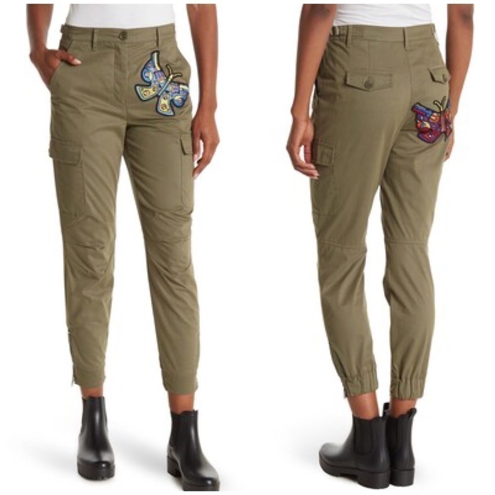 NWT Jeremy Scott Military Green High Rise Cargo Pants Butterfly Guns Patch Sz 8